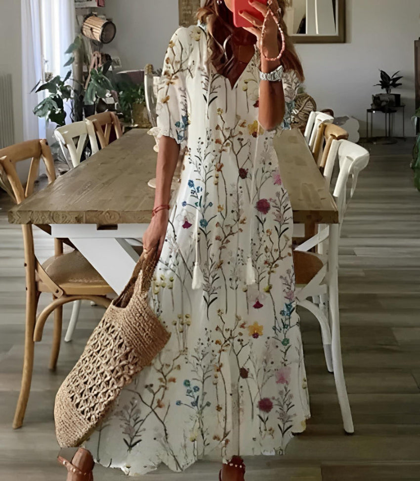 CATHY™ | Vintage Print V-Neck Maxi Dress