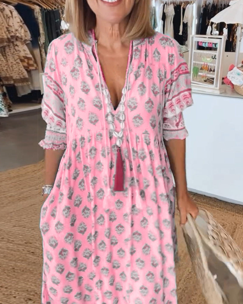 Casual V-Neck Tummy Covering Dress | CLEMATIS