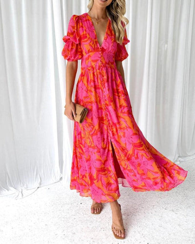 Aurela | Elegant V-Neck Puff Sleeve Maxi Dress