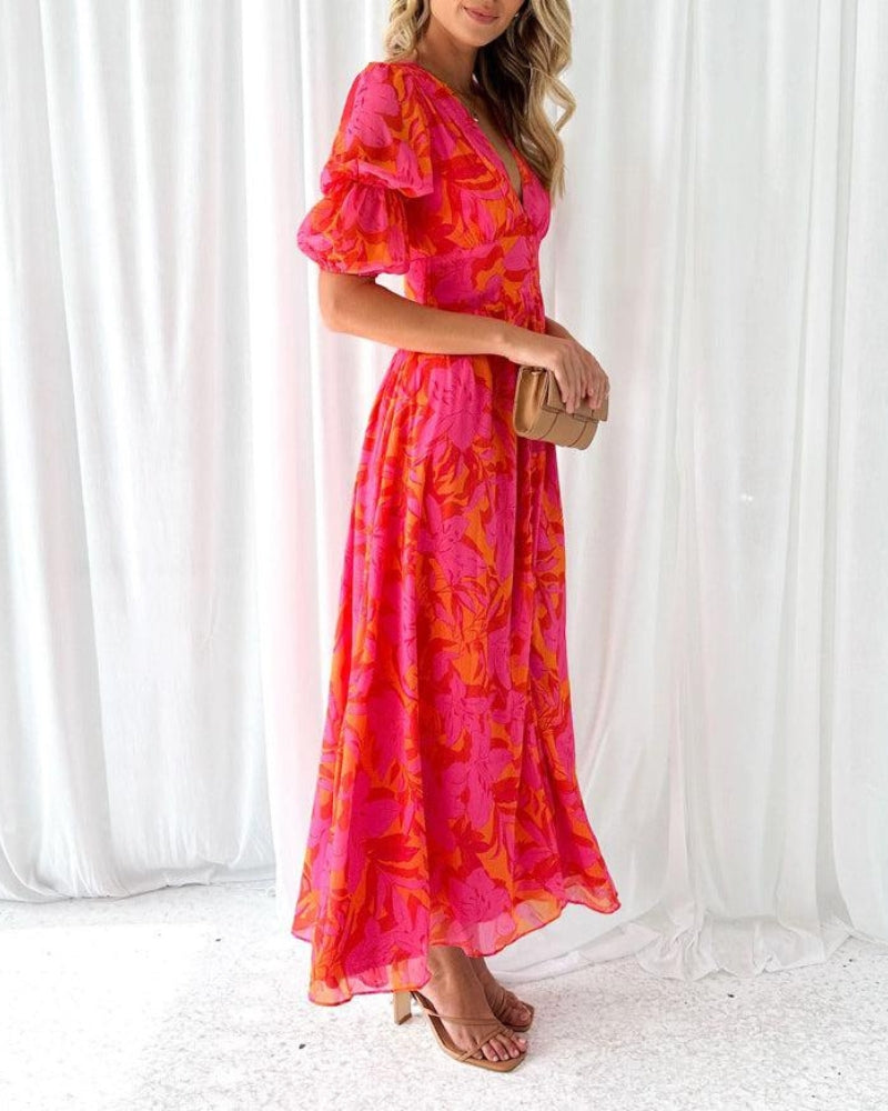 Aurela | Elegant V-Neck Puff Sleeve Maxi Dress