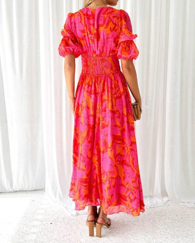 Aurela | Elegant V-Neck Puff Sleeve Maxi Dress