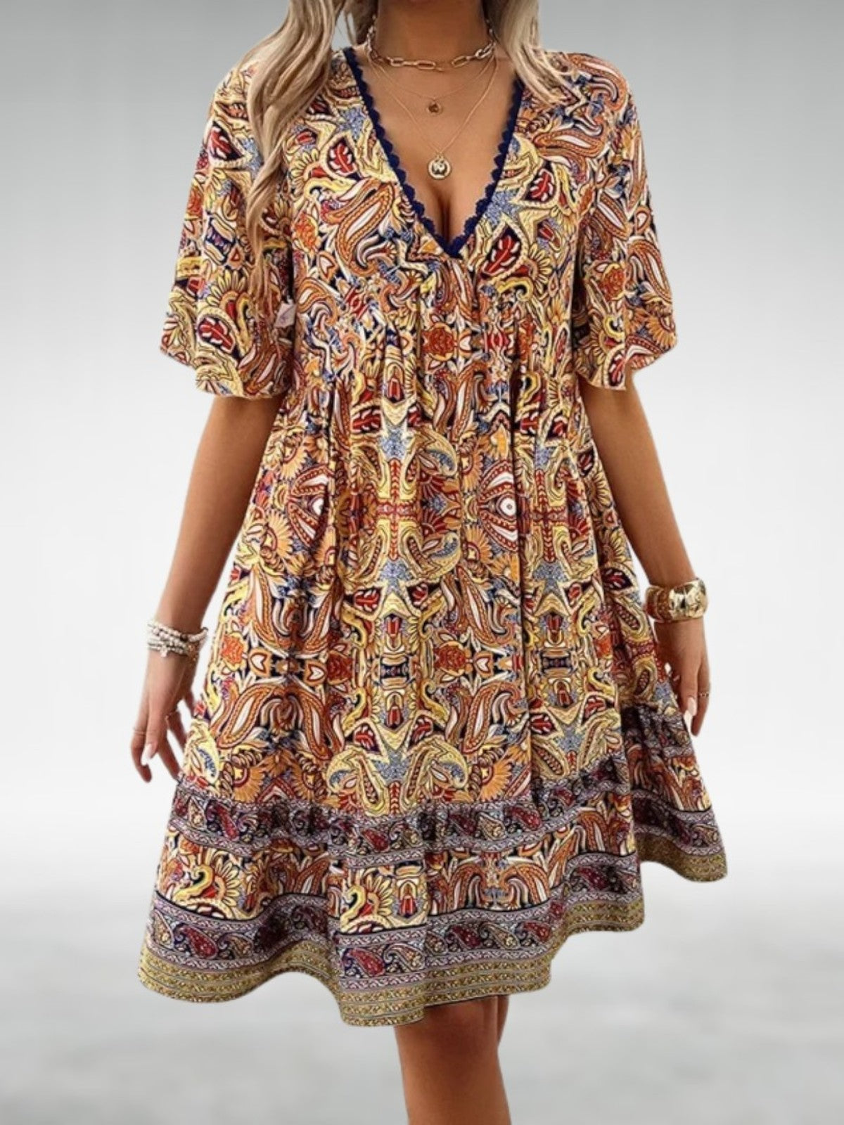 Aurela | Bohemian Paisley Print V Neck Summer Dress