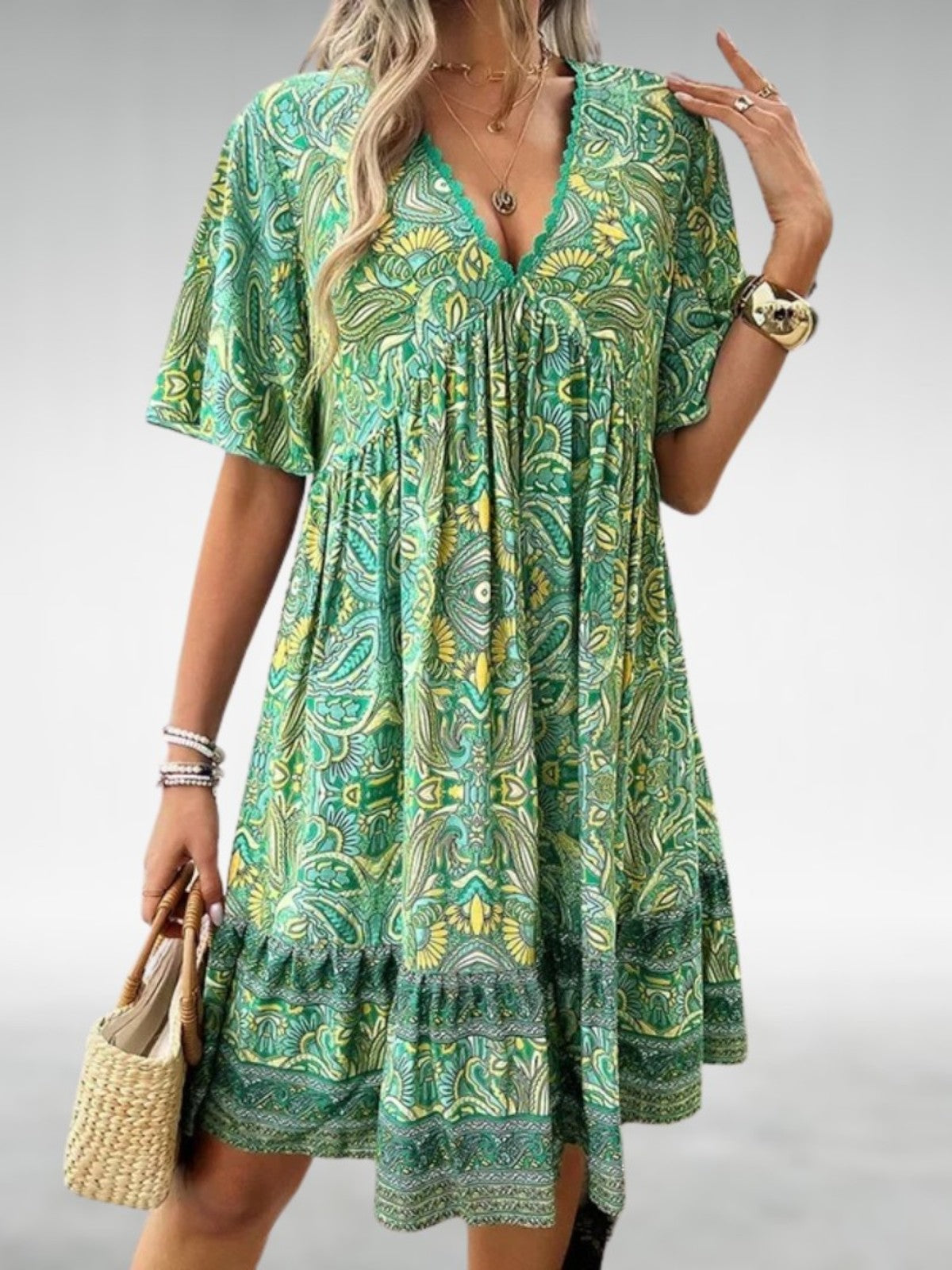 Aurela | Bohemian Paisley Print V Neck Summer Dress