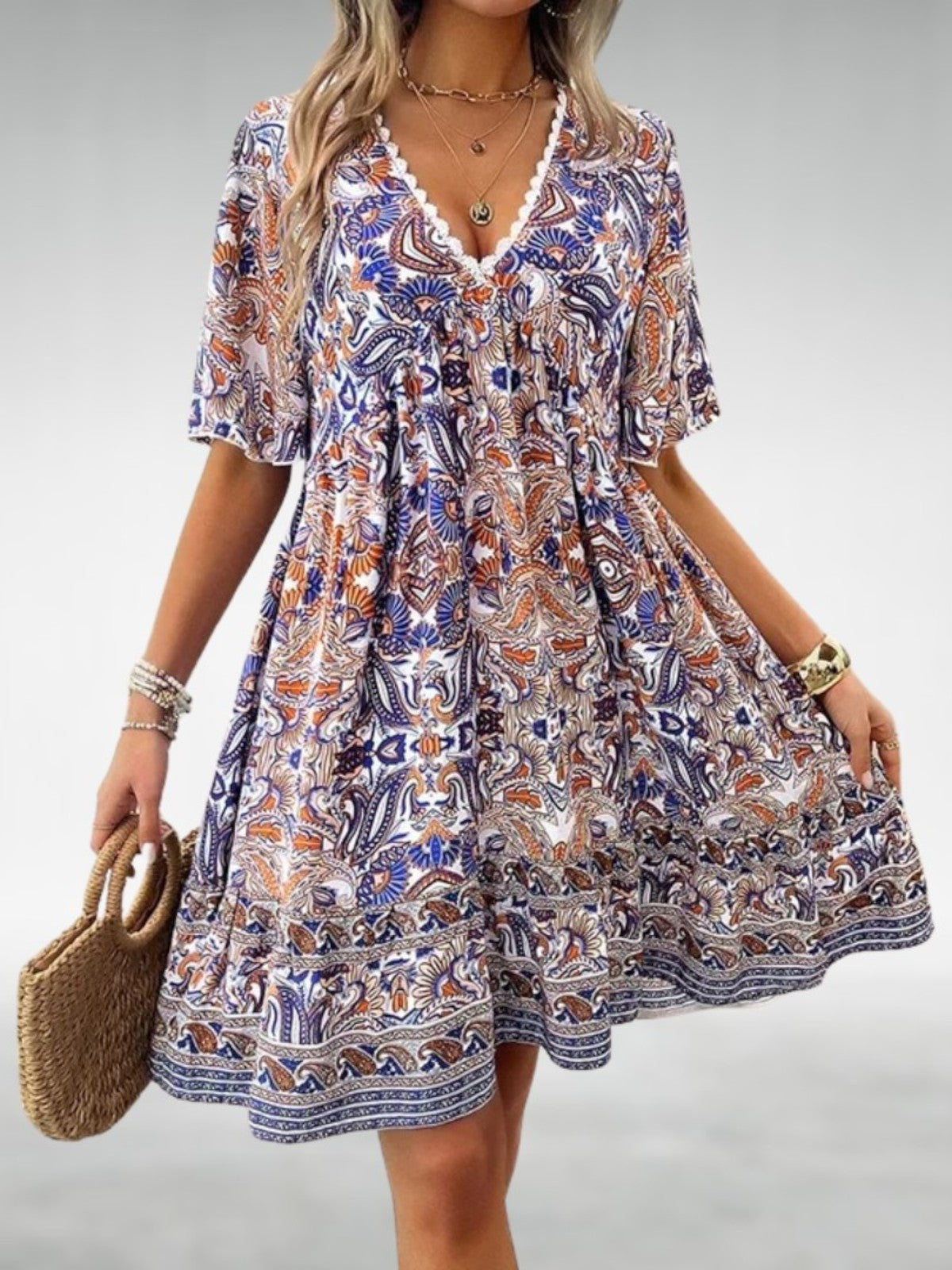 Aurela | Bohemian Paisley Print V Neck Summer Dress