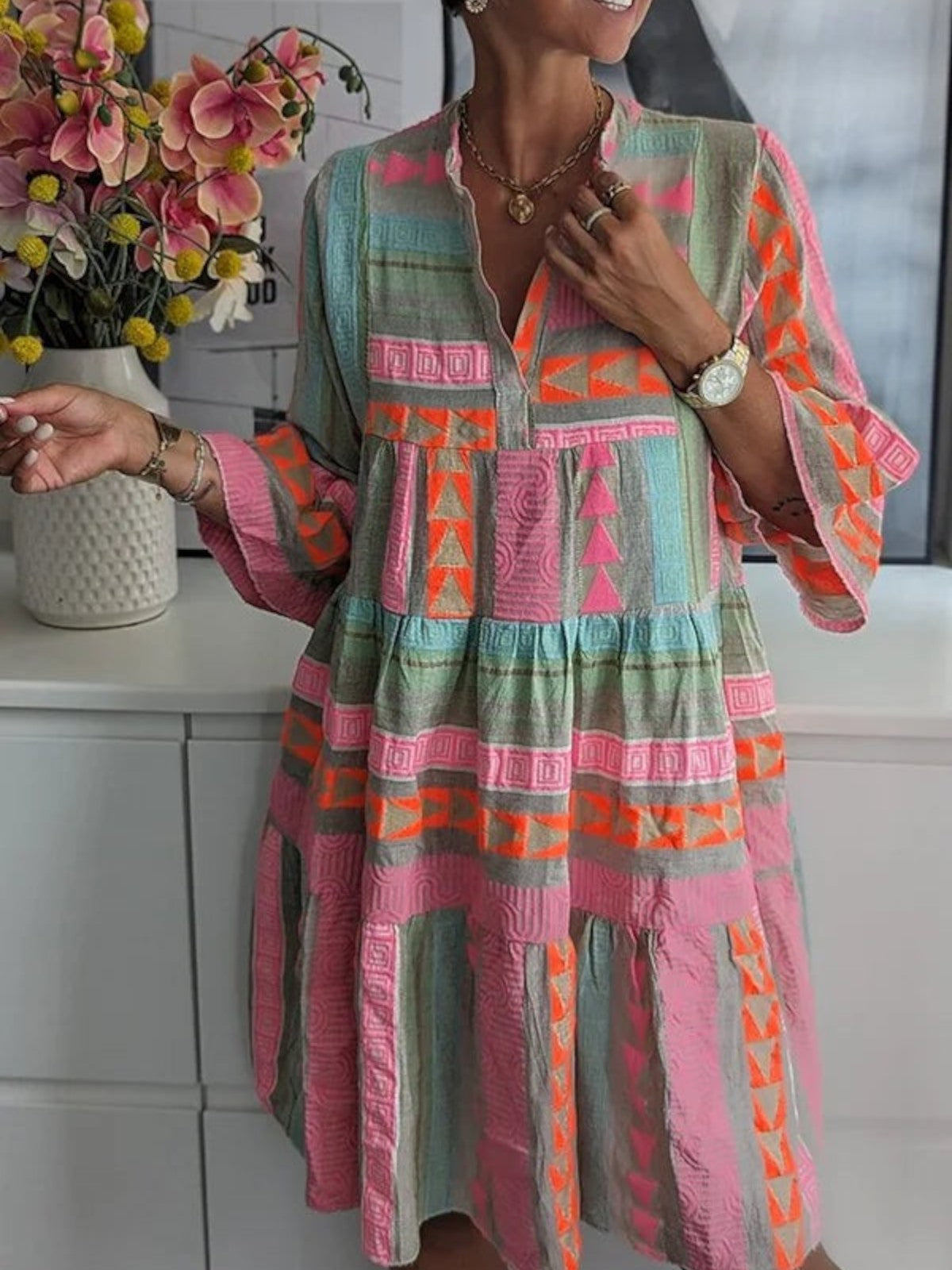 Aurela | Chic V-Neck Cotton Hemp Summer Dress