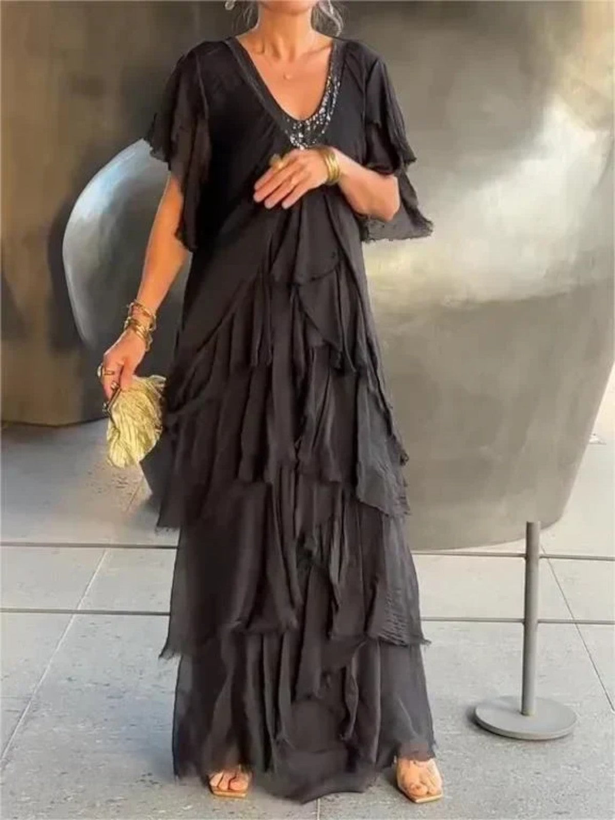 Aurela | Ruffled Short Sleeves V-Neck Maxi Dress