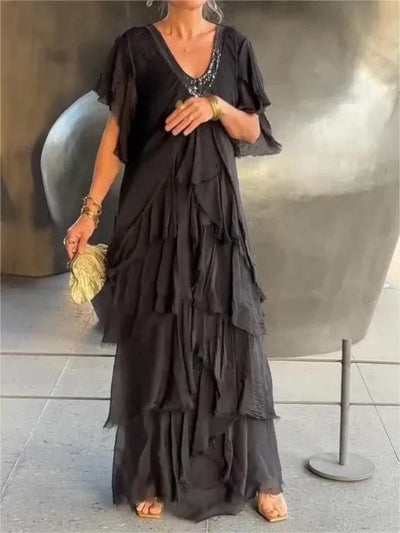 Aurela | Ruffled Short Sleeves V-Neck Maxi Dress