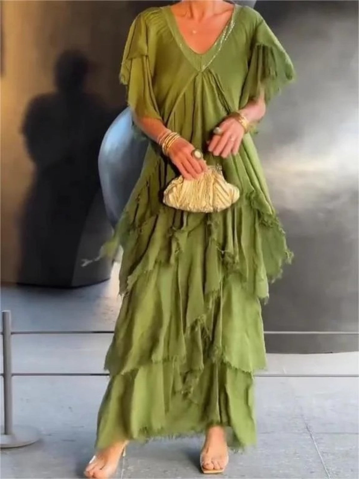 Aurela | Ruffled Short Sleeves V-Neck Maxi Dress