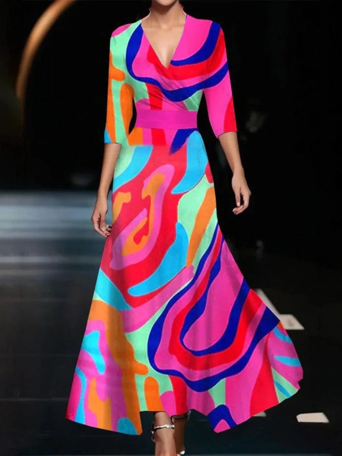 Aurela | Printed High Waist Midi Dress with Mid Sleeves