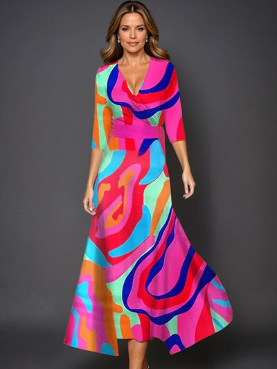 Aurela | Printed High Waist Midi Dress with Mid Sleeves
