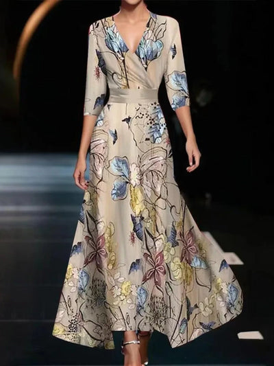 Aurela | Printed High Waist Midi Dress with Mid Sleeves