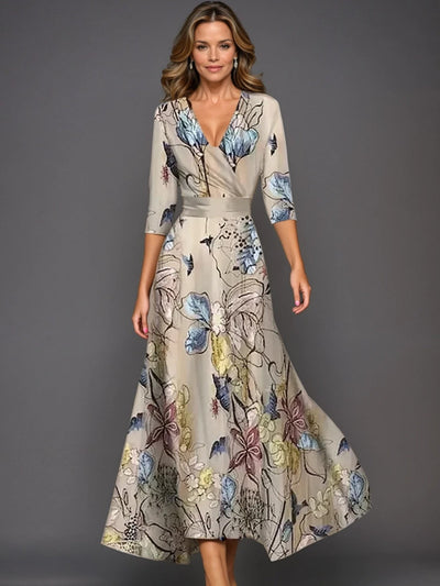 Aurela | Printed High Waist Midi Dress with Mid Sleeves