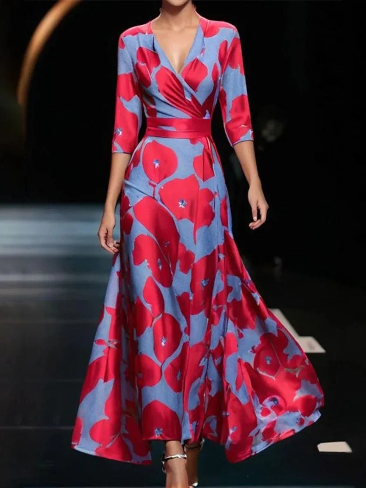 Aurela | Printed High Waist Midi Dress with Mid Sleeves