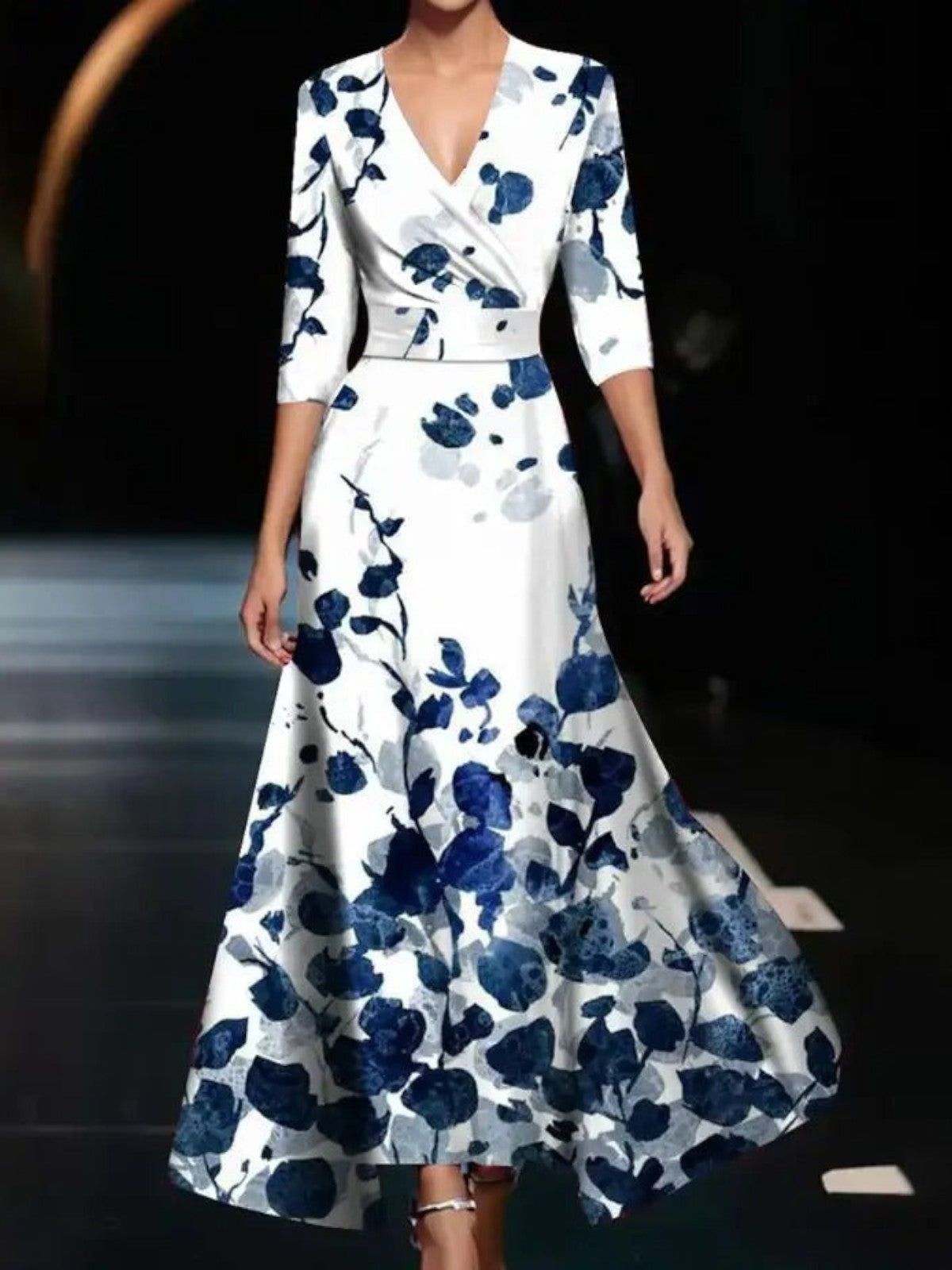 Aurela | Printed High Waist Midi Dress with Mid Sleeves